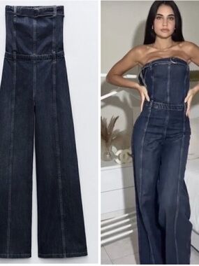 🥳 HP 🥳 Zara Strapless TRF Denim Jumpsuit Dark Wash Small NWOT Romper Outfit New